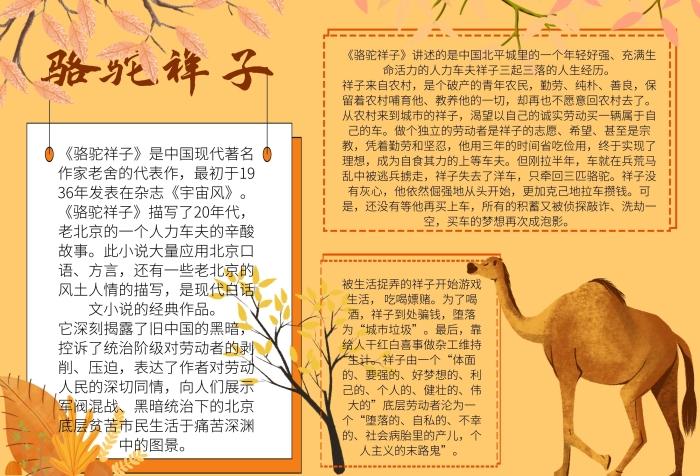 簡約卡通手繪駱駝祥子手抄報