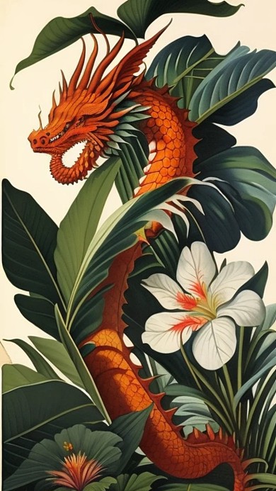 十二生肖被植物圍繞的動(dòng)物龍AI數(shù)字作品