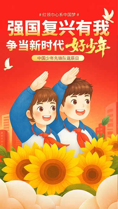 简约插画风中国少年先锋队诞辰日海报