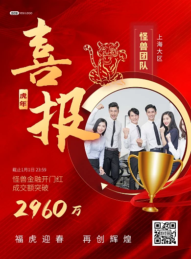金融保险虎年销售业绩喜报贺报红金风海报
