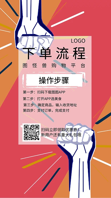 下单流程指引海报简约大气卡通宣传