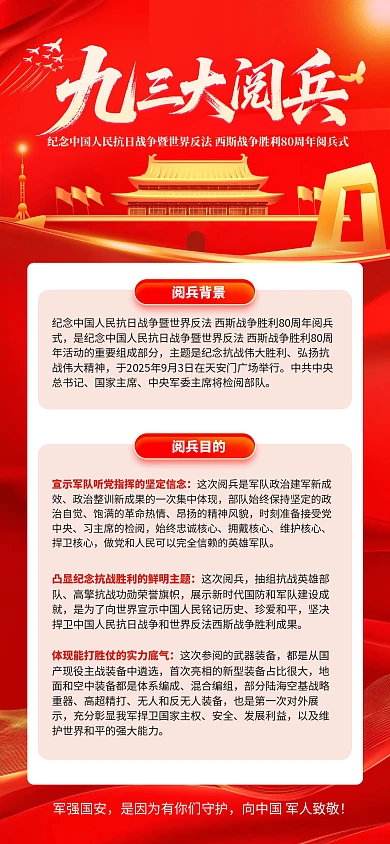 红色大气九三大阅兵全屏海报
