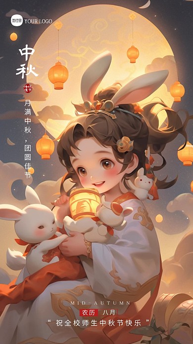 簡約卡通中秋節(jié)學(xué)校祝福問候AI動畫風(fēng)海報(bào)