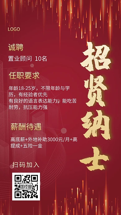 招贤纳士招聘置业顾问红色创意手机海报
