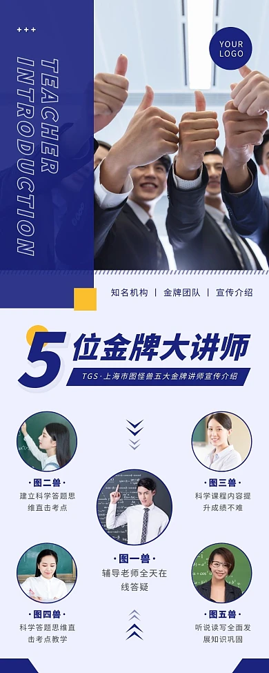 简约风蓝色白色五大教师营销长图