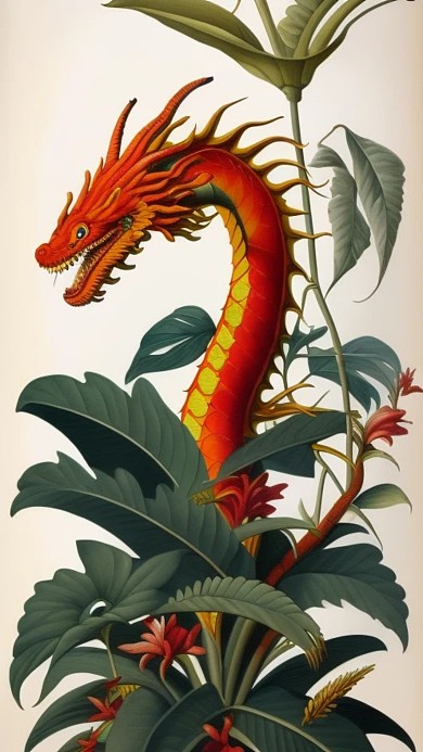 十二生肖被植物圍繞的動(dòng)物龍AI數(shù)字作品