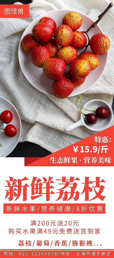 新鲜荔枝简约线框红色宣传展架