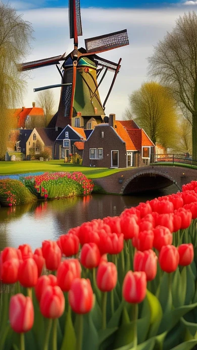 自然风景荷兰风车郁金香创意AI数字作品