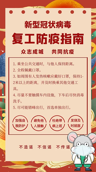 鼠年疫情期间复工防护指南手机海报