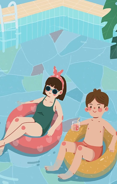 图怪兽原创元素夏天在游泳池游泳晒太阳