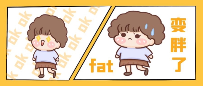變胖對比黃色卡通小女孩變胖