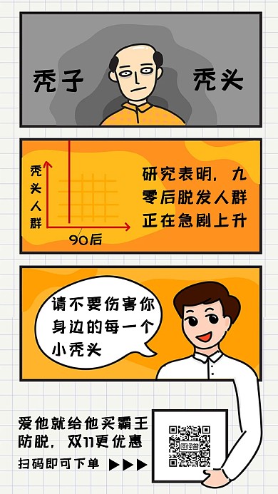 漫畫風(fēng)格雙11防脫生發(fā)產(chǎn)品營銷宣傳海報