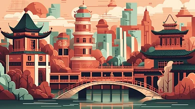 卡通风格横板插画风城市建筑古建筑手机海报背景