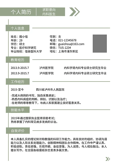 绿色简约医学生求职简历个人简历