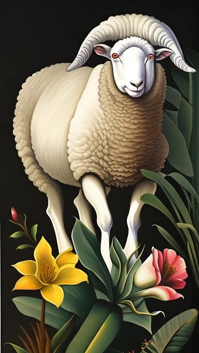 十二生肖被植物围绕的动物羊AI数字作品