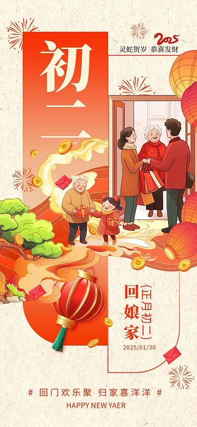 原创红色喜庆初二回娘家年俗祝福海报