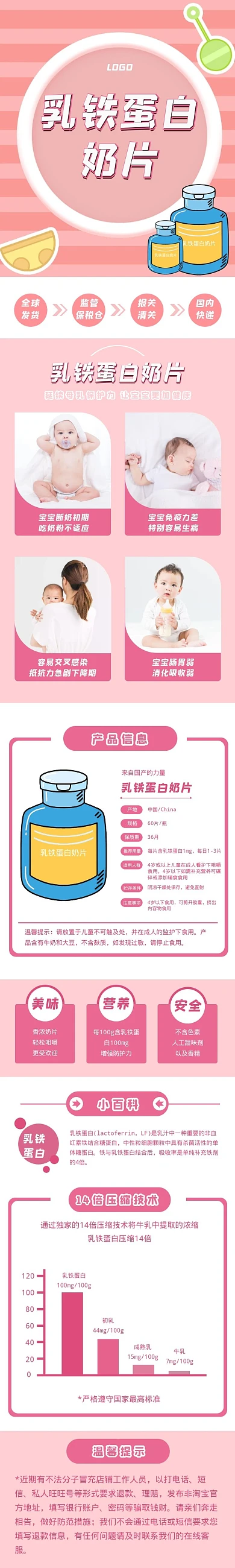 母婴食品儿童乳铁蛋白奶片粉色详情页