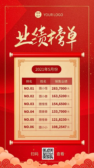 红色简约喜庆业绩表格手机海报