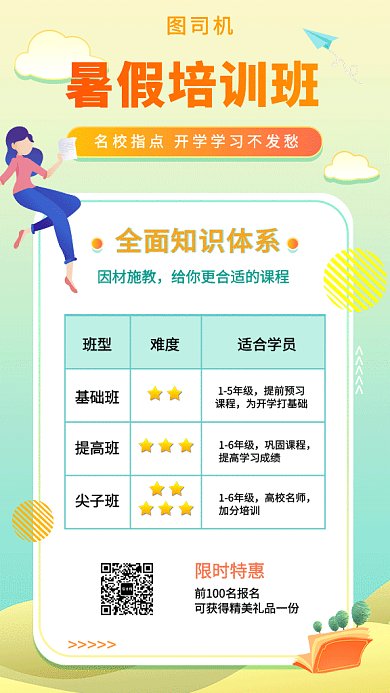 2019夏日清新卡通暑假培训班GIF海报