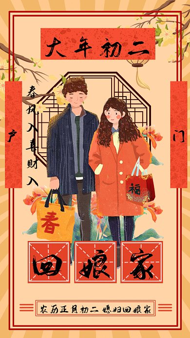 中国风过年习俗回娘家gif手机海报
