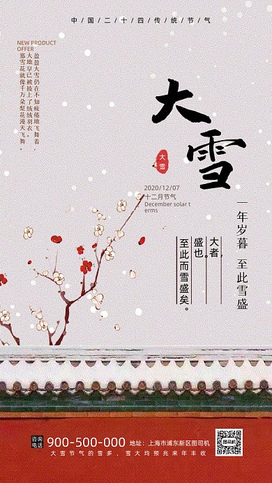 红墙飘雪大雪节气手机海报
