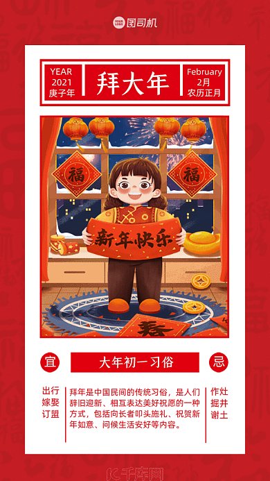 大年初一习俗卡通拜大年红色GIF手机系列海报