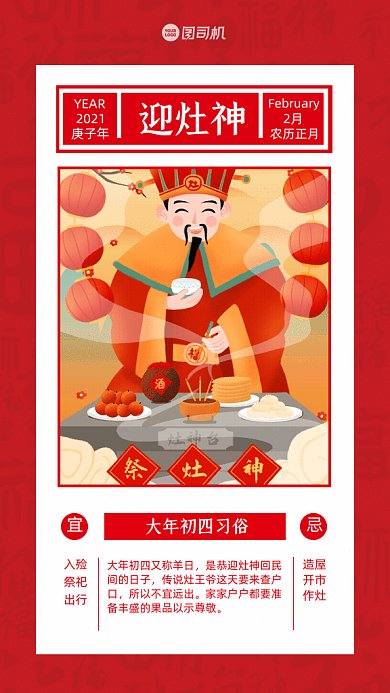 大年初四习俗卡通迎灶神红色GIF手机系列海报