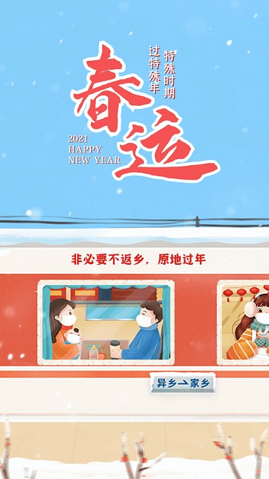春运卡通非必要不返乡暖色GIF手机海报