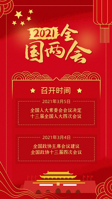 两会简约党建党政常识红色GIf手机海报
