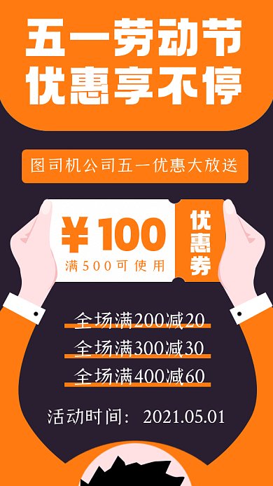 五一劳动节优惠券橘色卡通gif手机海报