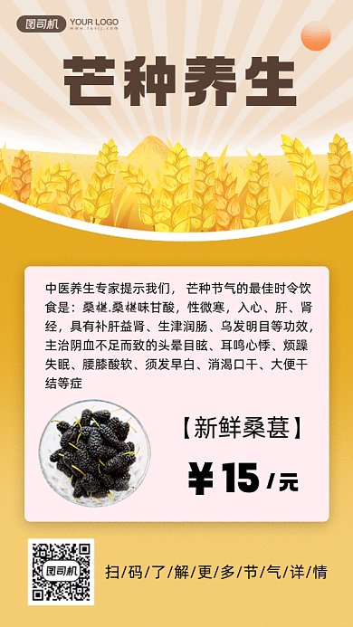 芒种养生黄色卡通插画gif手机海报