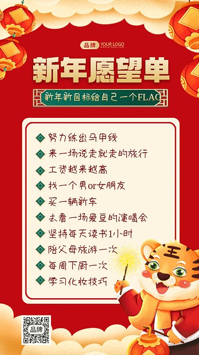 新年愿望清单红色卡通虎年gif手机海报