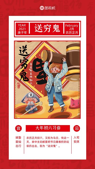 大年初六习俗卡通送穷鬼红色GIF手机系列海报