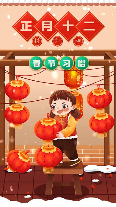春节习俗正月十二搭灯棚gif手机海报