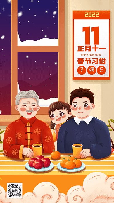 春节习俗正月十一子婿日gif手机海报