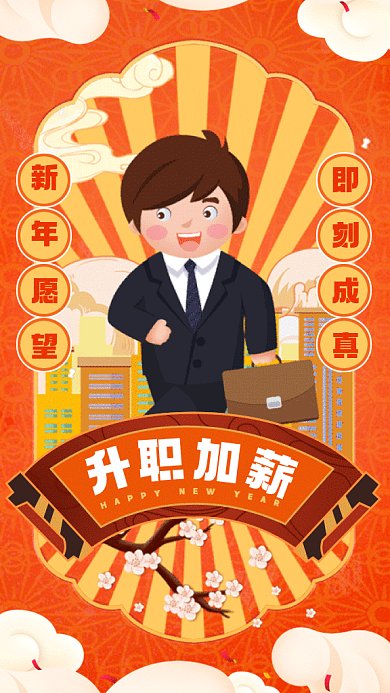 新年愿望升职加薪橘色卡通gif系列手机海报