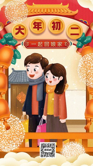 春节习俗大年初二红色卡通gif手机系列海报