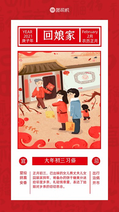 大年初三习俗卡通回娘家红色GIF手机系列海报