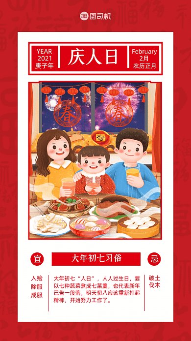 大年初七习俗卡通庆人日红色GIF手机系列海报