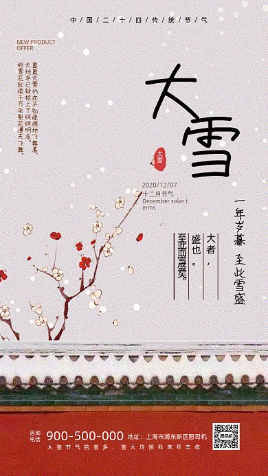 红墙飘雪大雪节气手机海报
