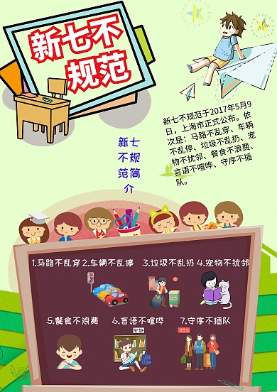 绿色卡通新七不规范小报手抄报模板