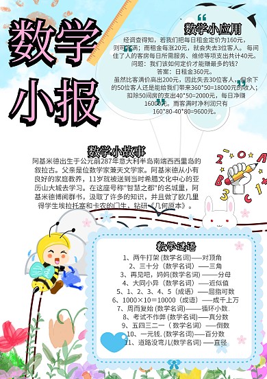 数学小报创意卡通手抄报模板