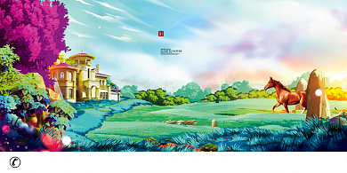 创意卡通童话小镇房产海报背景