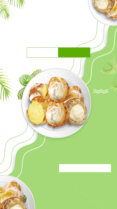 白绿色清新法棍泡芙手机海报背景