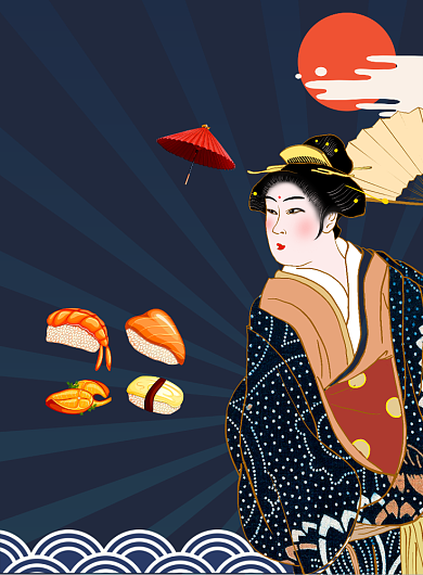 蓝色插画风餐饮美食日本料理寿司印刷海报背景