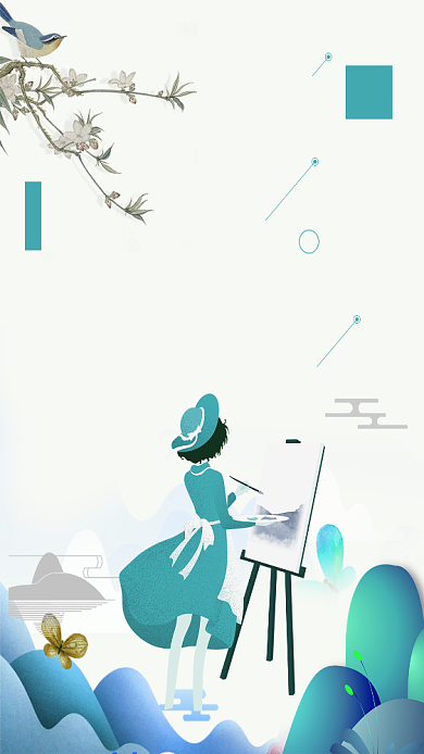 你好三月卡通少女手机海报背景