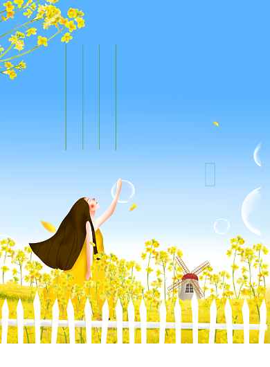油菜花三月黄色卡通女孩印刷海报背景