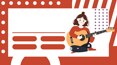 简约红色几何教育弹吉他女孩手机海报背景