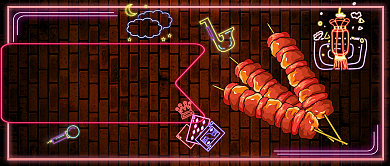 平面霓虹美食烧烤宵夜微信公众号素材图片背景