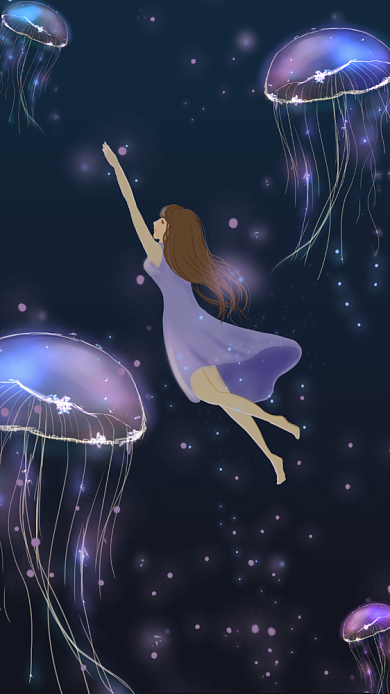 唯美梦幻发光水母与女生手机壁纸海报背景